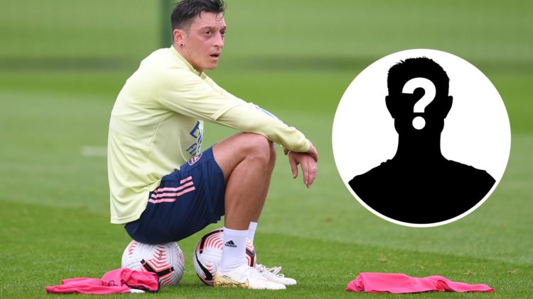 Mesut Ozil sits on the ball during Arsenal training. Inset, question mark silhouette.