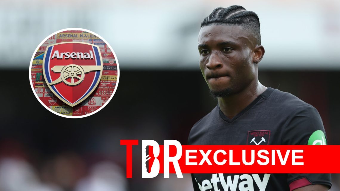 Image of Mohammed Kudus looking dejected during a West Ham game with an inset of the Arsenal badge, overlaid a TBR Exclusive banner
