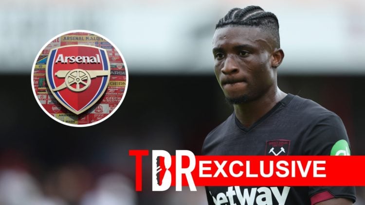 Image of Mohammed Kudus looking dejected during a West Ham game with an inset of the Arsenal badge, overlaid a TBR Exclusive banner