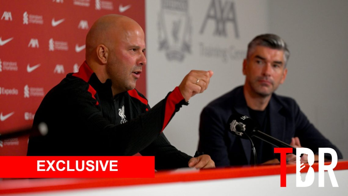 Liverpool duo Arne Slot and Richard Hughes with TBR logo and Exclusive banner