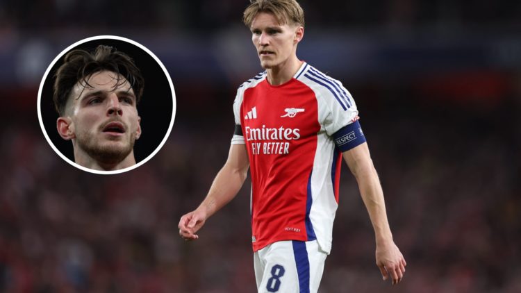 Arsenal captain Martin Odegaard with inset of Declan Rice