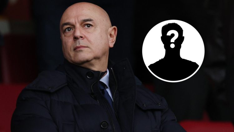 Image of Tottenham Hotspur chairman Daniel Levy watching a game with an inset of a mystery player