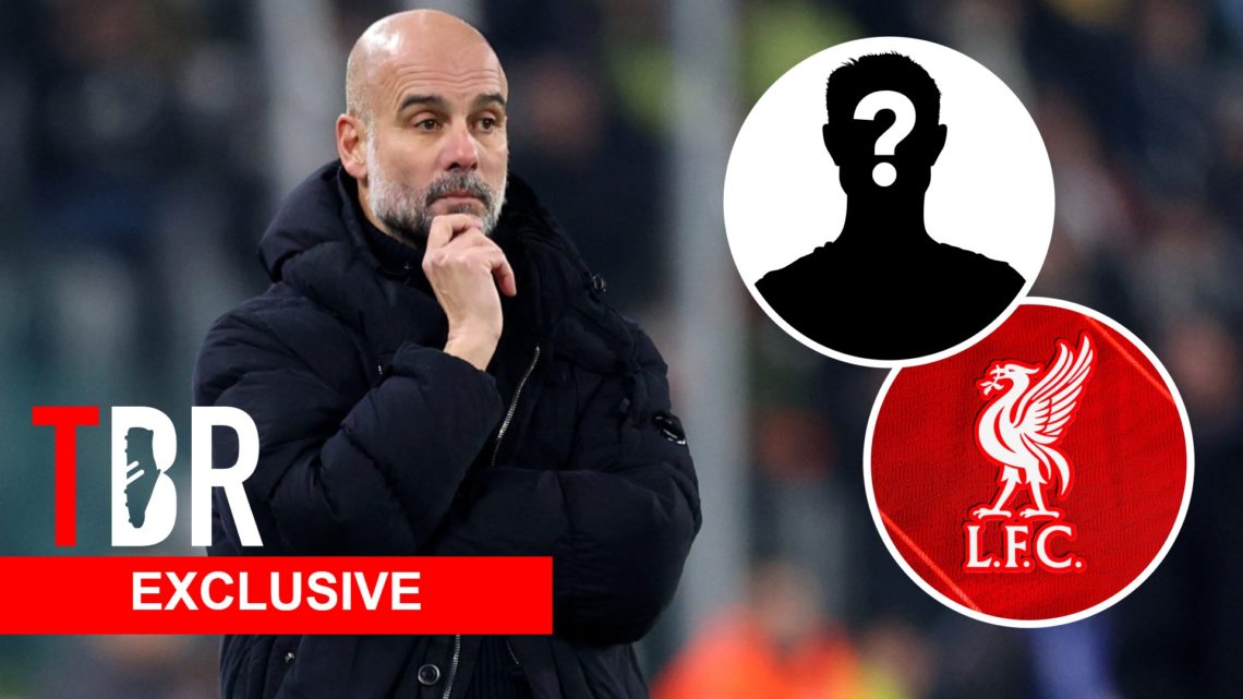 Manchester City manager Pep Guardiola. Inset of mystery player and Liverpool badge.
