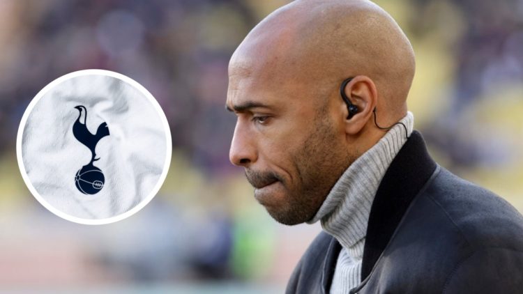 Image of Thierry Henry looking dejected while working as a pundit with an inset of the Tottenham Hotspur badge