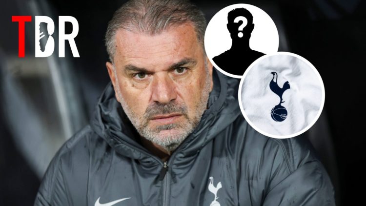 Image of Ange Postecoglou with TBR logo, mystery image and Tottenham badge inset