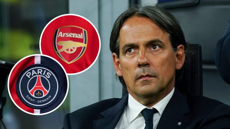 Simone Inzaghi looks on at Inter Milan. Inset, Arsenl and PSG badges.