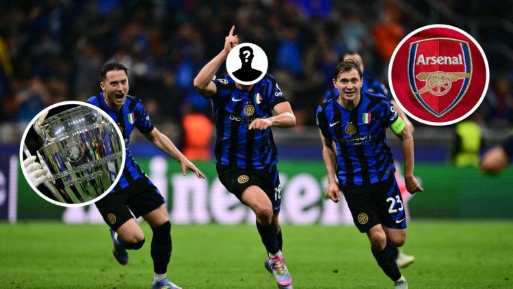 Image of Inter Milan players celebrating, Arsenal badge, UEFA Champions League trophy and mystery image inset