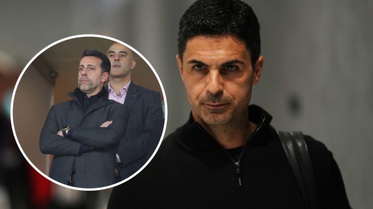 Mikel Arteta looks on at Arsenal. Inset, Edu Gaspar.