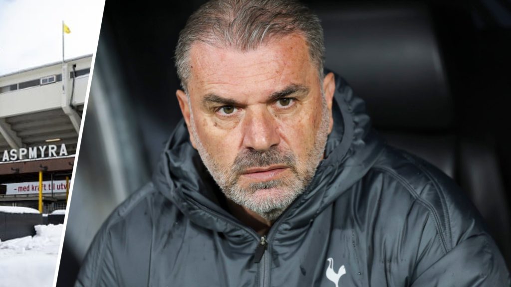 A split image of Bodo/Glimt's stadium and Ange Postecoglou