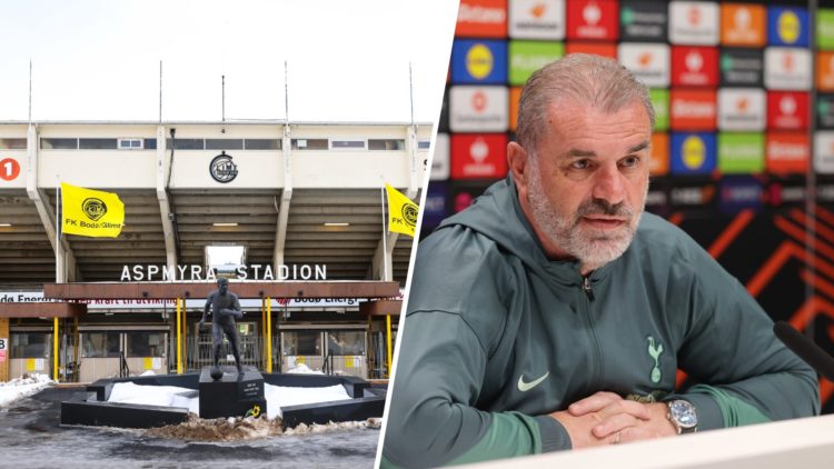 A split image of Bodo/Glimt's stadium and Ange Postecoglou
