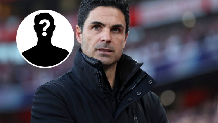 Mikel Arteta with inset of mystery silhouette