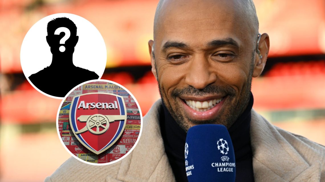 Thierry Henry. Inset of Arsenal badge and mystery player.
