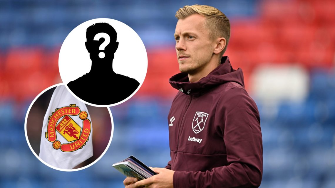 James Ward-Prowse with insets of Manchester United badge and mystery silhouette