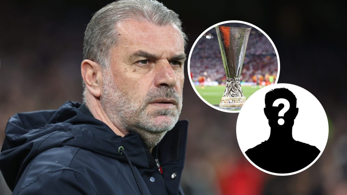 Ange Postecoglou with insets of Europa League trophy and mystery silhouette