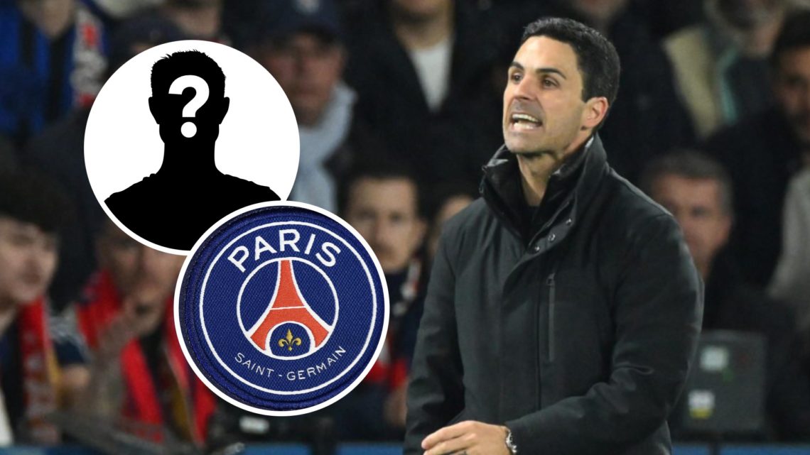 Arsenal manager Mikel Arteta on the touchline versus PSG. Inset of Paris Saint-Germain badge and mystery player.