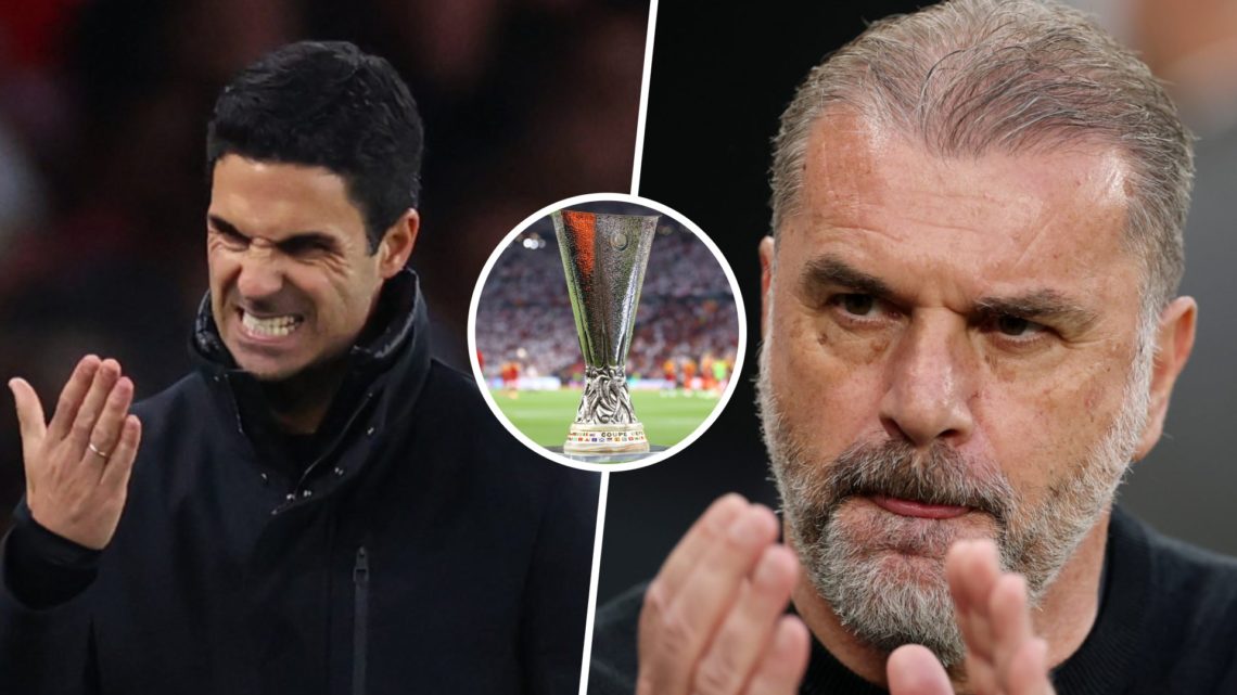 A split image of Mikel Arteta and Ange Postecoglou with an inset of the Europa League trophy