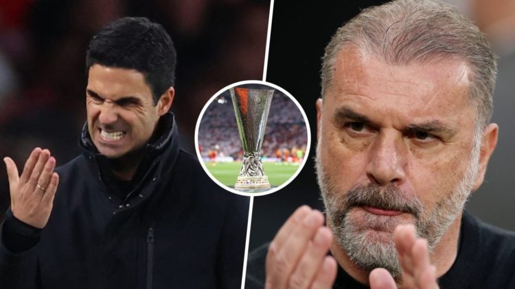A split image of Mikel Arteta and Ange Postecoglou with an inset of the Europa League trophy
