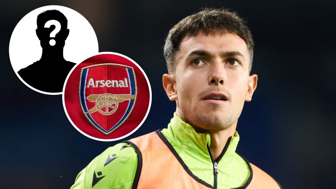 Real Sociedad midfielder Martin Zubimendi. Inset of Arsenal badge and mystery player.