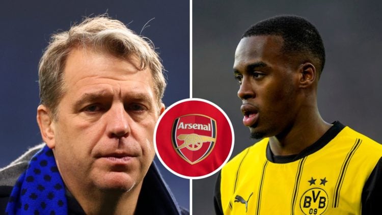 Split image of Chelsea owner Todd Boehly and Dortmund's Jamie Gittens with overlay of Arsenal badge