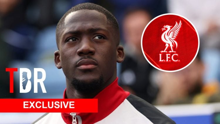 Liverpool defender Ibrahima Konate. Inset of Liverpool badge.