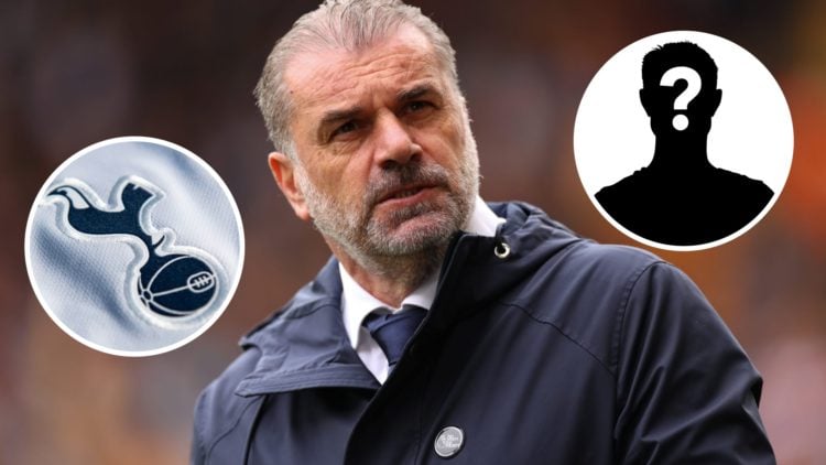 Image of Tottenham manager Ange Postecoglou with overlay of Tottenham badge