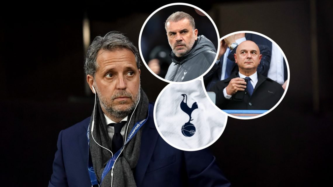 Image of Fabio Paratici with Ange Postecoglou, Daniel Levy and Tottenham badge inset