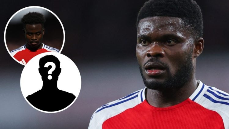 Image of Arsenal midfielder Thomas Partey during a game with insets of Bukayo Saka looking down and a mystery player
