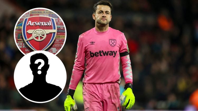 Lukasz Fabianski with insets of Arsenal badge and mystery silhouette