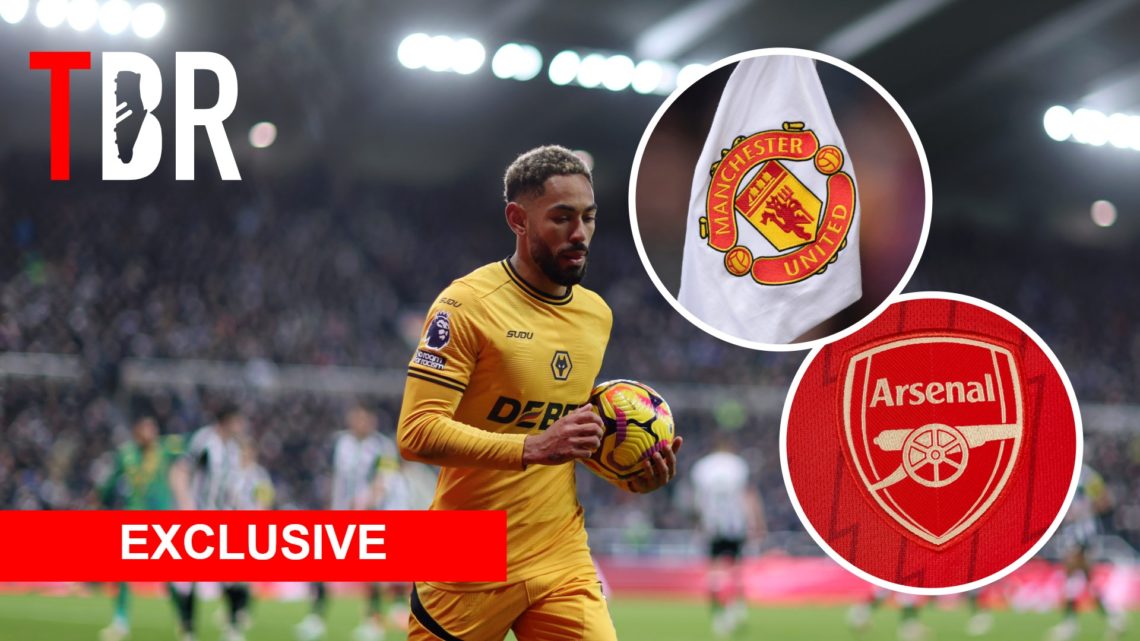 Matheus Cunha with insets of Arsenal and Manchester United badges