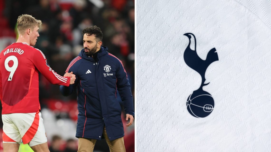 Split image of Ruben Amorim and Rasmus Hojlund, and Tottenham badge