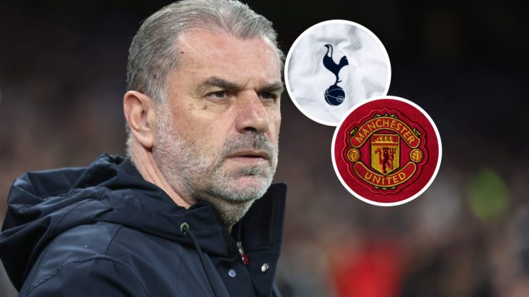 Image of Ange Postecoglou looking surprised with Tottenham and Manchester United badge inset
