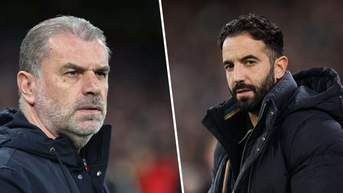 Split image of (l) Ange Postecoglou looking on during a Tottenham game and (R) Ruben Amorim looking during a Manchester United game