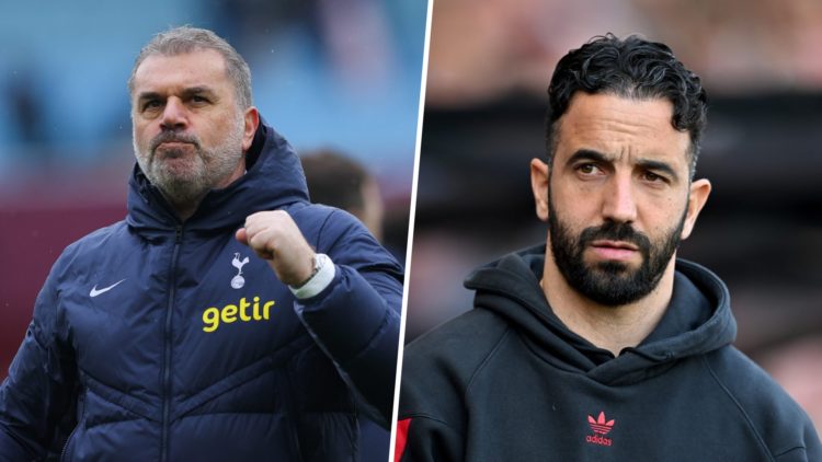 A split image of Ruben Amorim and Ange Postecoglou