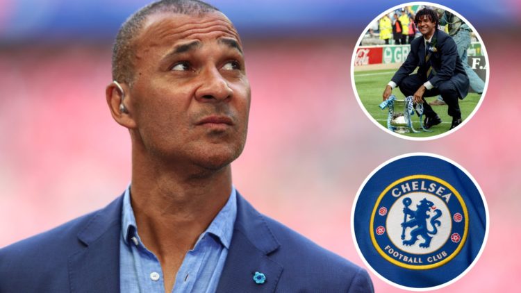 Image of former Chelsea player and manager Ruud Gullit with an overlay of Ruud Gullit with the FA Cup trophy and another overlay of a Chelsea badge