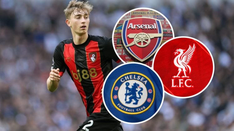 Dean Huijsen with insets of Arsenal, Liverpool and Chelsea badges