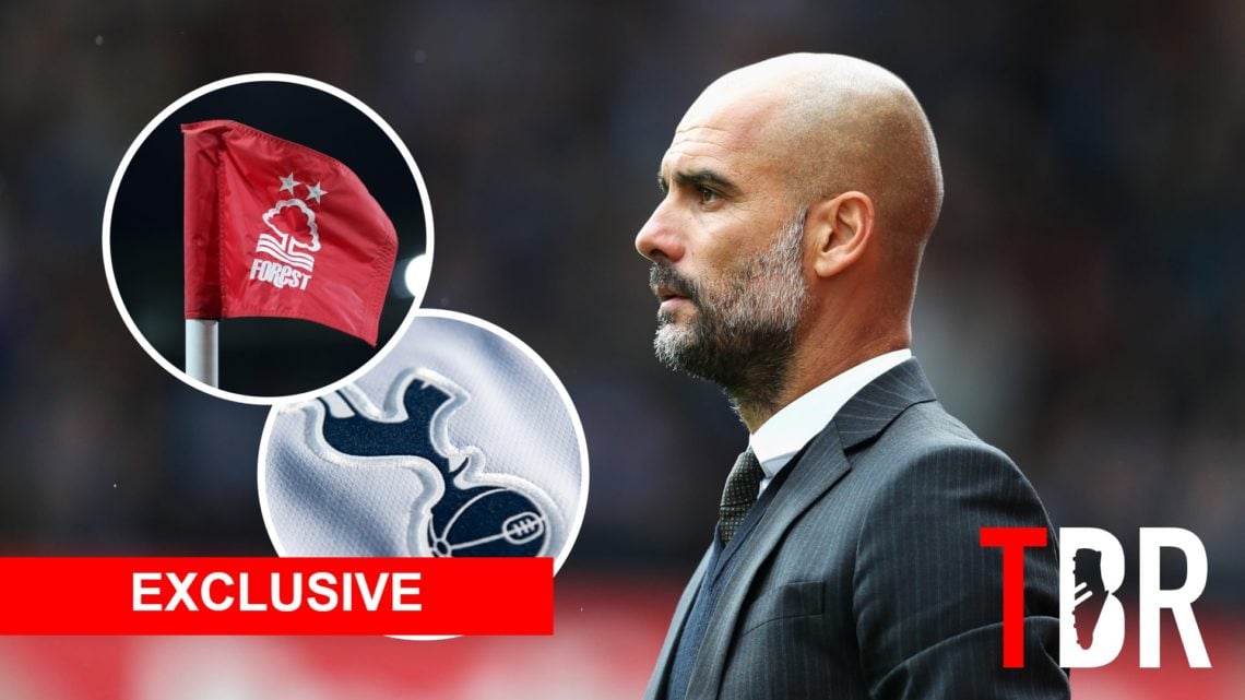 Pep Guardiola with insets of Nottingham Forest and Tottenham Hotspur badges