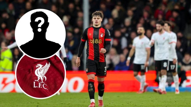 Milos Kerkez with insets of a Liverpool badge and a mystery silhouette
