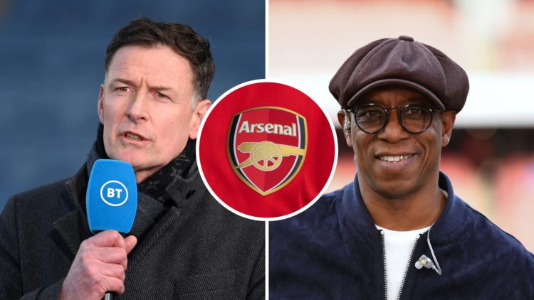 Split image of Chris Sutton and Ian Wright with inset of Arsenal badge