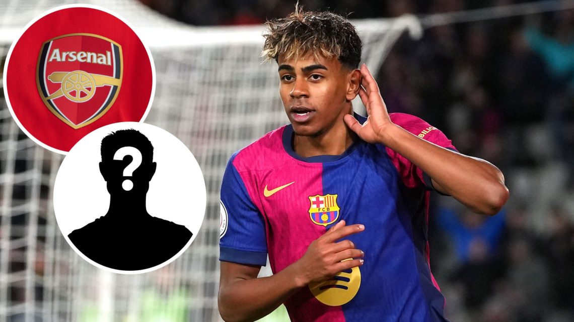 Image of Barcelona star Lamine Yamal celebrating a goal with insets of the Arsenal badge and a mystery player