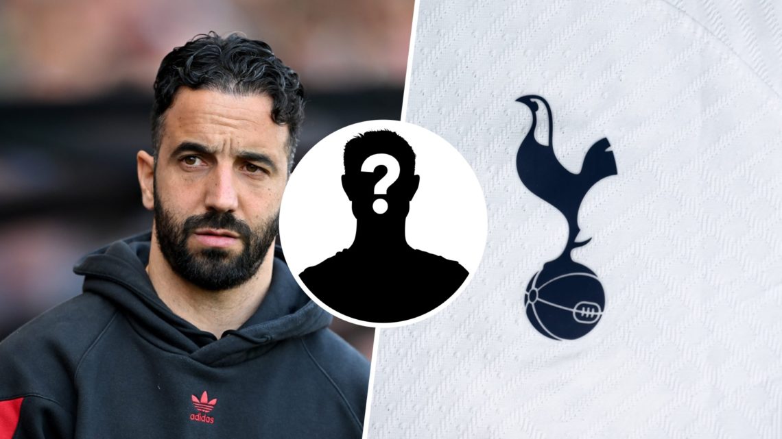 Split image of Man United manager Ruben Amorim and Tottenham badge
