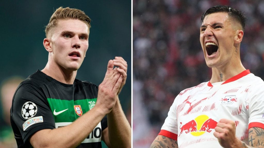 Split image of (L) Viktor Gyokeres applauding the fans after a Sporting CP game and (R) Benjamin Sesko celebrating during an RB Leipzig game