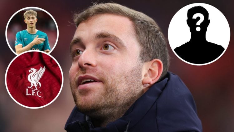 Image of Fabrizio Romano with overlay of Dean Huijsen and overlay of Liverpool badge