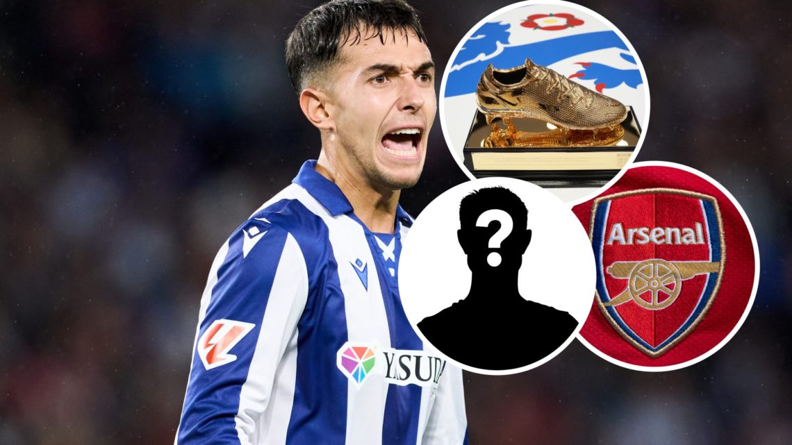 Image of Martin Zubimendi with Arsenal badge, a golden boot and a mystery image inset
