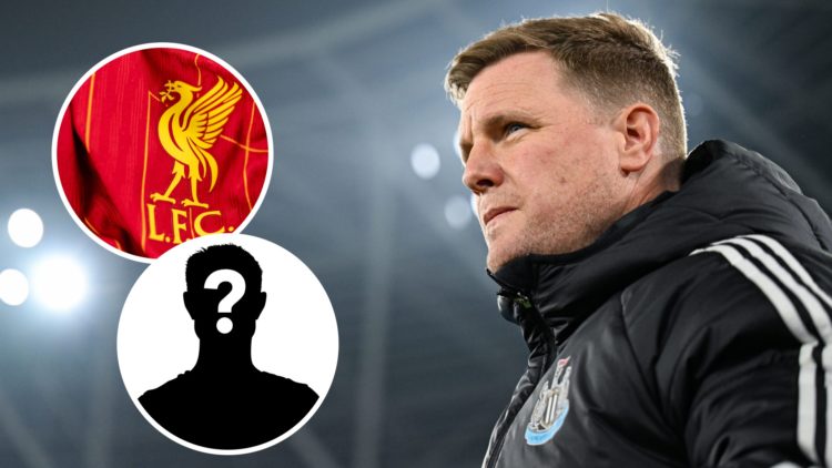 Image of Newcastle manager Eddie Howe with overlay of Liverpool badge