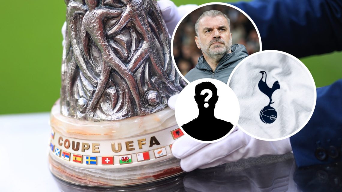 Image of the UEFA Europa League with Ange Postecoglou, Tottenham badge and mystery image inset