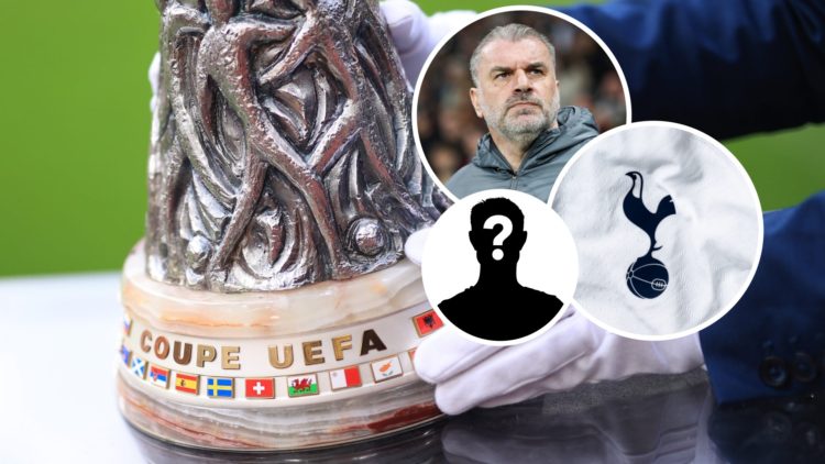 Image of the UEFA Europa League with Ange Postecoglou, Tottenham badge and mystery image inset