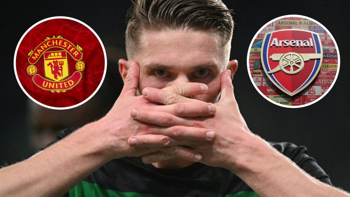 Sporting CP striker Viktor Gyokeres. Insets of Manchester United badge and Arsenal badge.