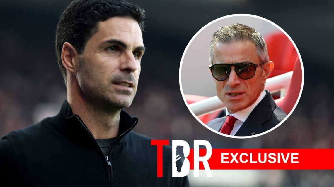Mikel Arteta looks on at Arsenal. Inset, Andrea Berta.