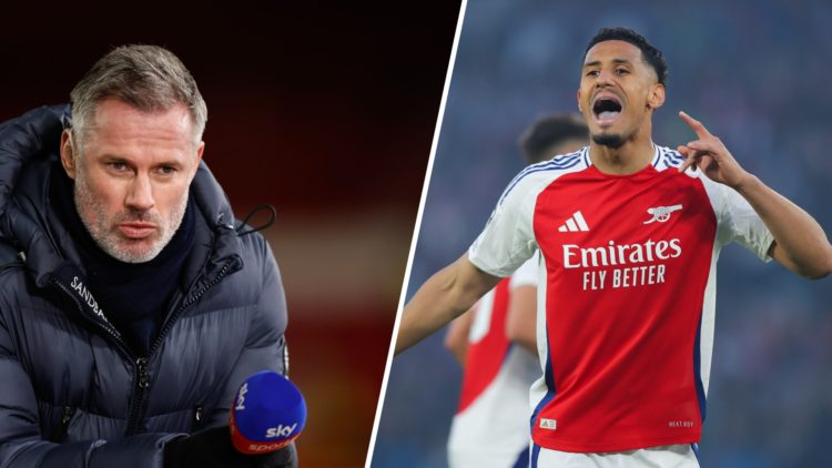 Split image of Jamie Carragher and Arsenal star William Saliba