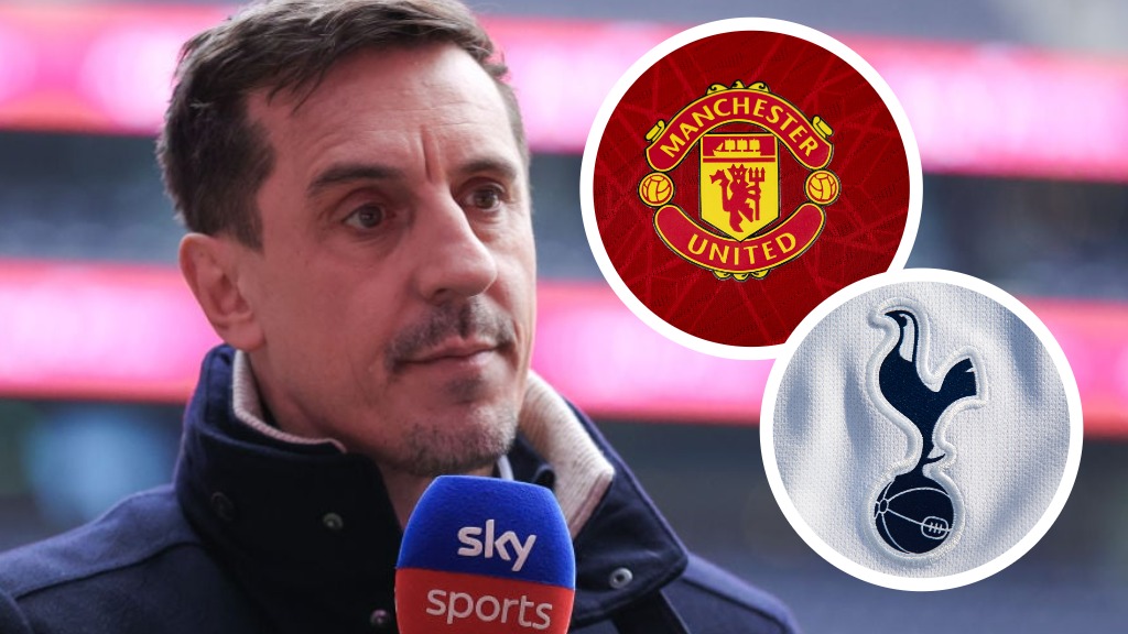 Gary Neville. Inset of Tottenham Hotspur badge and Manchester United badge.